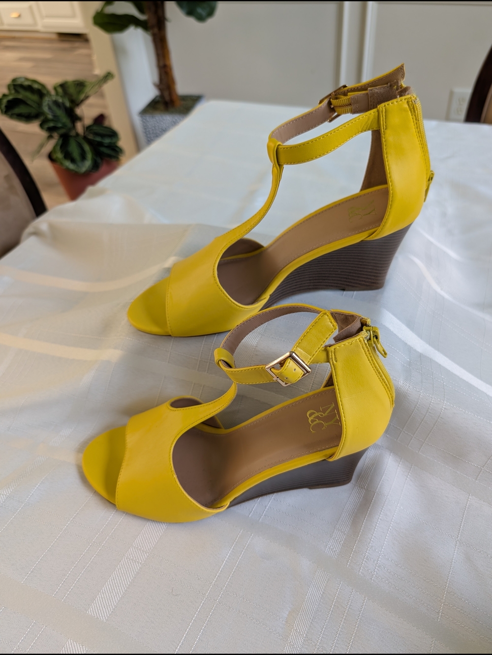 New York & Company Yellow T-Strap Wedge Sandals